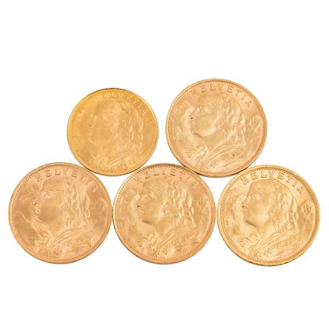 Schweiz/GOLD - 4 x 20 Franken Vreneli + 1 x 10 Franken,