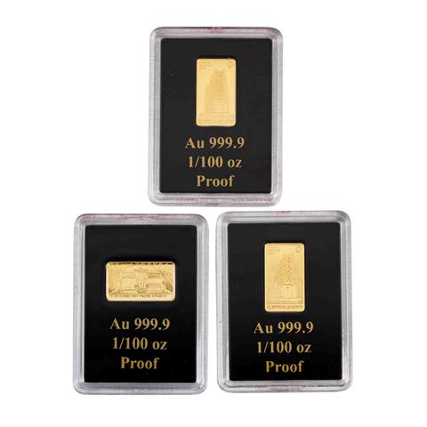 3 Mini Goldbarren à 1/100 Unze (gesamt ca. 0,93 Gramm fein),