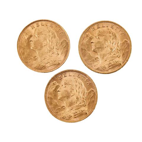 Schweiz/GOLD - Konvolut 3 x 20 Franken