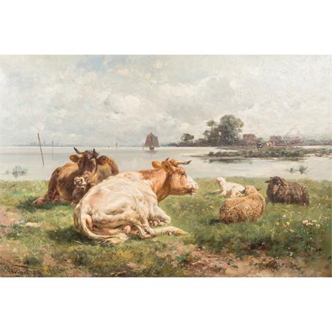 FREY, WILHELM  (1826-1911) "Weidende Tiere am Seeufer" 1890