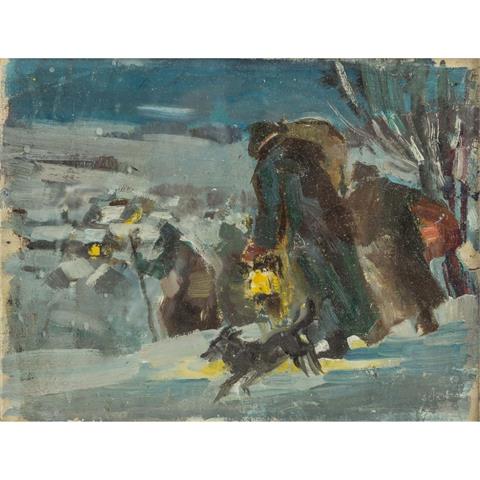 SCHOBER, PETER JAKOB (1897-1983), "Wanderer mit Hunden in Winterlandschaft",