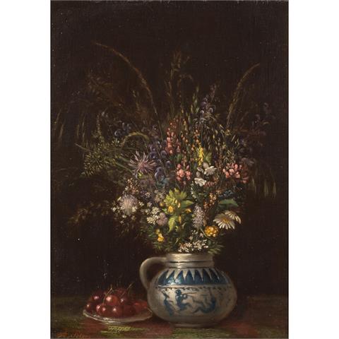 PETERS, ANNA (1843-1926) "Feldblumenstrauss neben einem Teller voller Kirschen"
