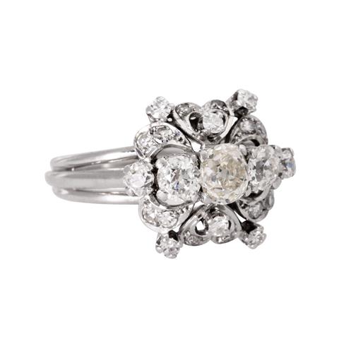 Unikat Ring mit 5 Altschliffdiamanten und Achtkantdiamanten,