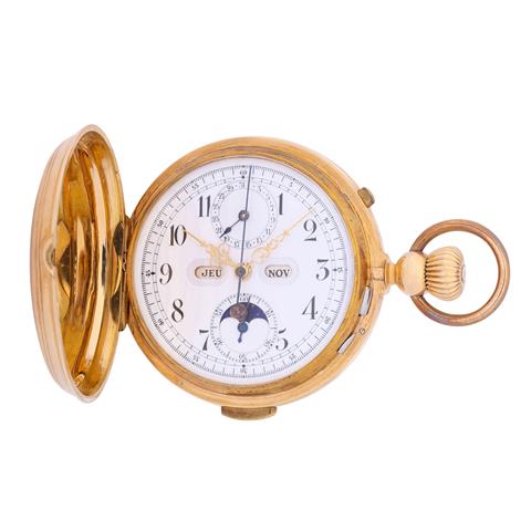 Große, schwere astronomische Goldsavonette Taschenuhr mit Vollkalender, Chronograph und Viertelrepetition.