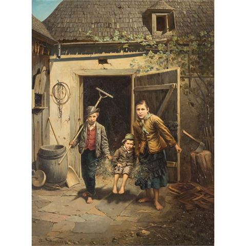 KRENN, EDMUND (1846-1902), "Spielende Bauernkinder im Hof",
