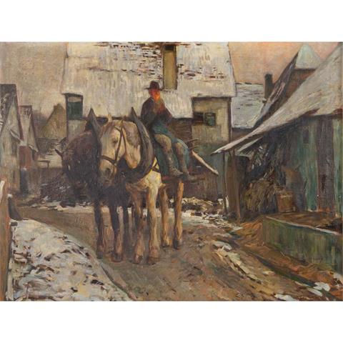 BAUER, LEO (1872-1960), "Bauer zu Pferde in verschneitem Dorf",