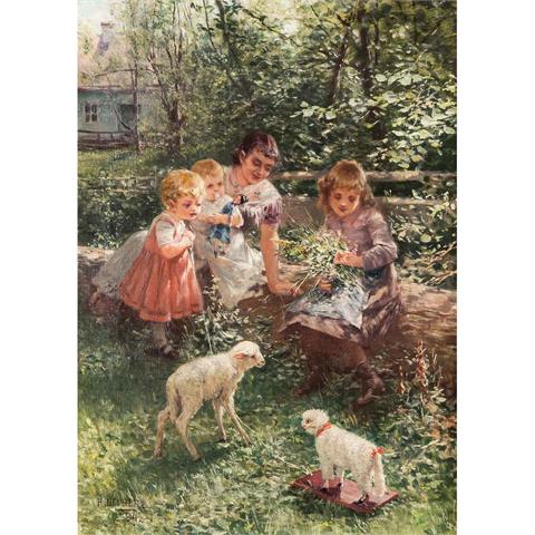 NEUBER, HERMANN (Österreich, tätig um 1891-1907), "Spielende Kinder mit Lamm",