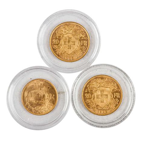 Schweiz - 2 x 20 Franken (1935/B), 10 Franken (1922/B), GOLD,