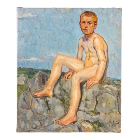SCHMITT, AUGUST LUDWIG (1882-1936), "Knabenakt auf Felsen sitzend",