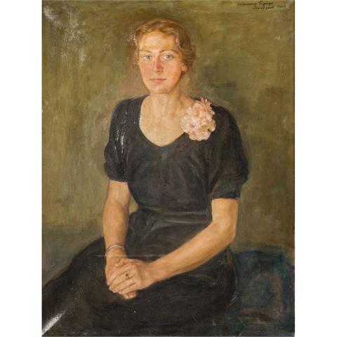 PIAGE, WERNER von (1888-1959), "Junge Dame mit Blumenschmuck am schwarzen Kleid",