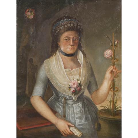 MALER/IN 17./18. Jh., "Portrait einer jungen Dame mit Nelke und Wappen",