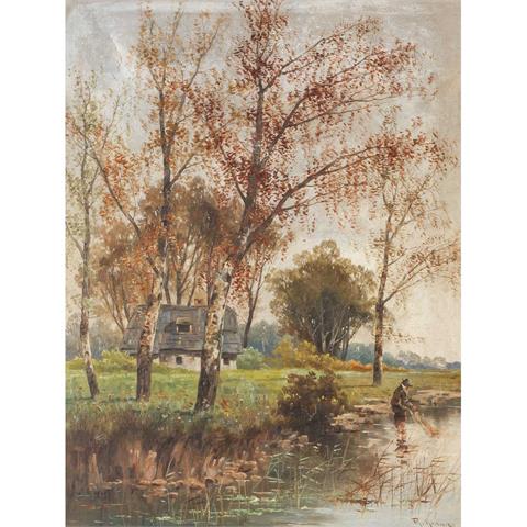 KRAMER, R. (Maler/in 19./20. Jh.), "Fischer am Ufer unter Birken ein Netz einholend",