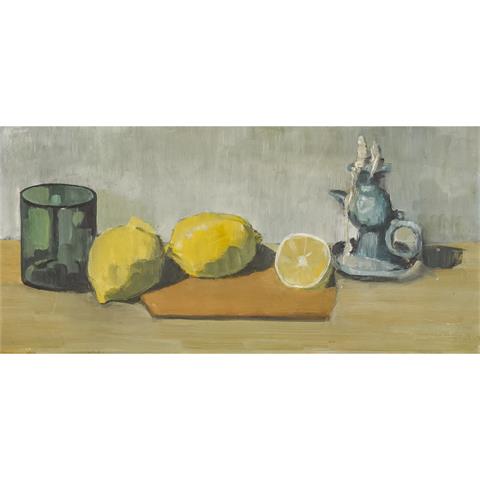 JUAN LUIS R. (Maler 20. Jh.), "Stillleben mit grünem Glas, Zitronen und Leuchter",