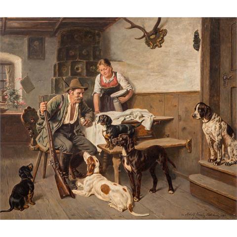 EBERLE, ADOLF (1843-1914) "Jäger mit seinen Hunden in der Stube" 1893