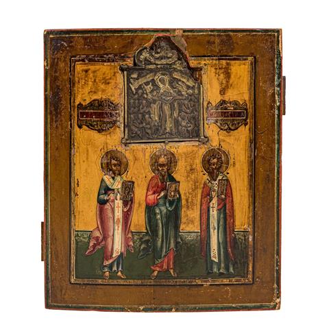IKONE "Drei Heilige" mit eingelegter Bronzeikone, Russland um 1800,