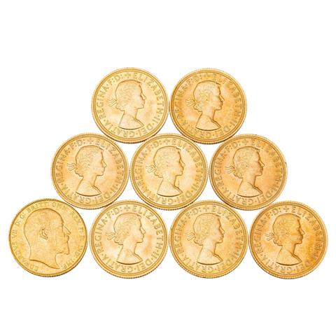9 x GB/GOLD - 1 Sovereign der Jahre 1906 / 1964 (2x)/ 1965 (5x) / 1966,