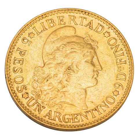 Argentinien/Gold - 5 Pesos 1887, Libertad, ss, berieben,