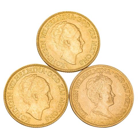 3 x Niederlande/GOLD - 10 Gulden 1912/1926/1932, Königin Wilhelmina,