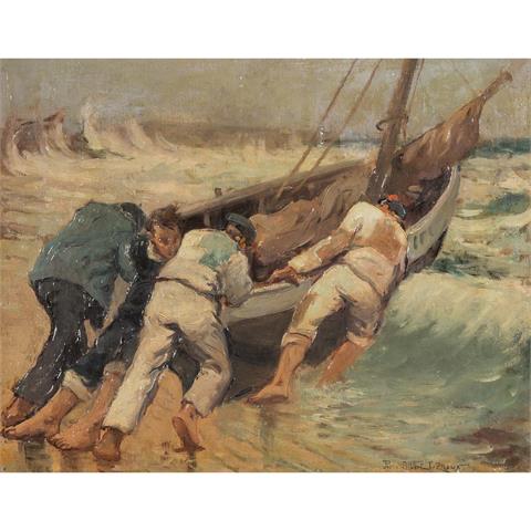 LEROUX, PIERRE ALBERT (1890-1959) "Fischer setzen ihr Boot ins Meer"