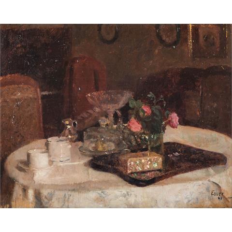 ESSER, THEODOR (1868-1937) "Teeservice und Vase mit Rosen"