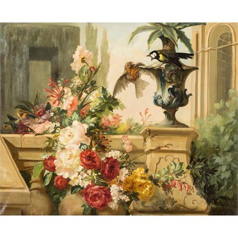LEDOUX, EUGÈNE (1841-?) "Blumenarrangement und Vögel auf einer Balustrade"