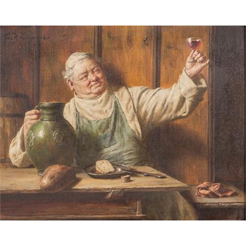 WAGNER, FRITZ (1836-1916) "Mönch am Tisch bewundert seinen Wein"