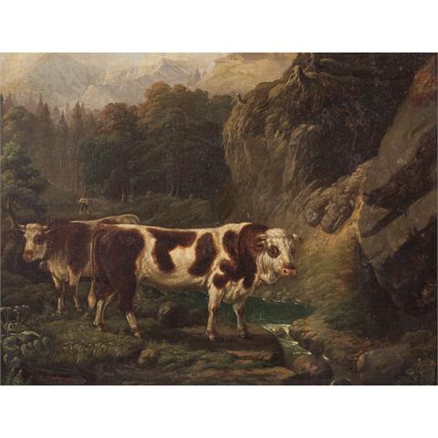 DIRNBERGER, A. (XIX) "Rinder vor einer Alpenlandschaft" 1870
