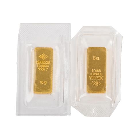 GOLDbarren – 2x 10 g GOLD fein, Goldbarren hist. Form, Hersteller Degussa,