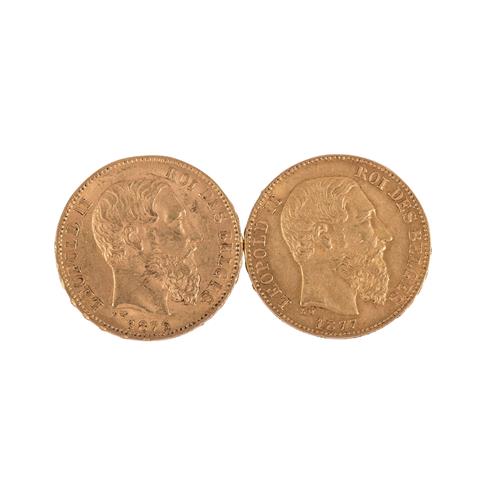 2 x Belgien/Gold - 20 Francs 1876/1877, Leopold II.,