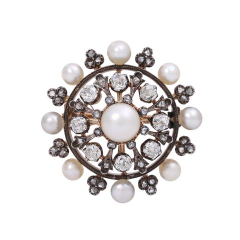 Belle Époque Brosche mit feinen Perlen und Diamanten