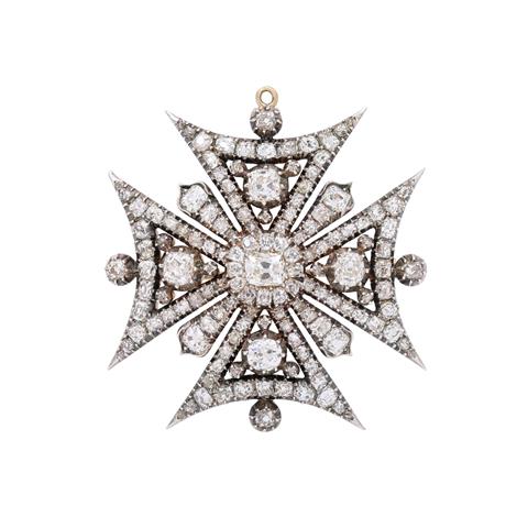 Viktorianische Brosche/Anhänger "Malteser Kreuz" mit Diamanten,