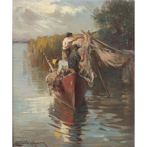 WOPFNER, JOSEF (1843-1927) "Fischer mit Netzen am Ufer eines Sees"