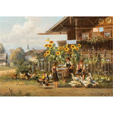 KAPLAN, HUBERT (1940) "Morgendlicher Hühnerfütterung im Bauerngarten"