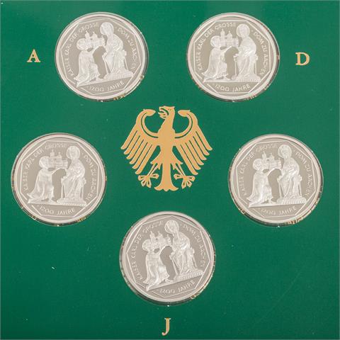 BRD Set - 5 x 10 DM Gedenkmünzen 'Kaiser Karl d. Gr. - Dom zu Aachen 1200 Jahre'