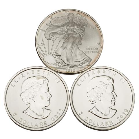 3 Silberunzen: US Dollar 2010, Can Dollars 2010/11,