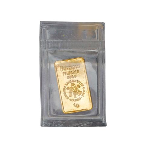 GOLDbarren – 1 g GOLD fein, Goldbarren geprägt, Hersteller Heraeus,