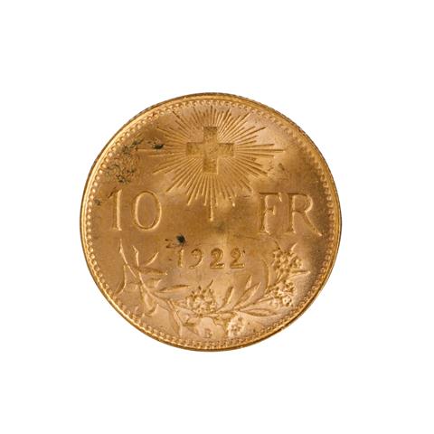 Schweiz /GOLD - 10 Sfr. Vreneli 1922/B
