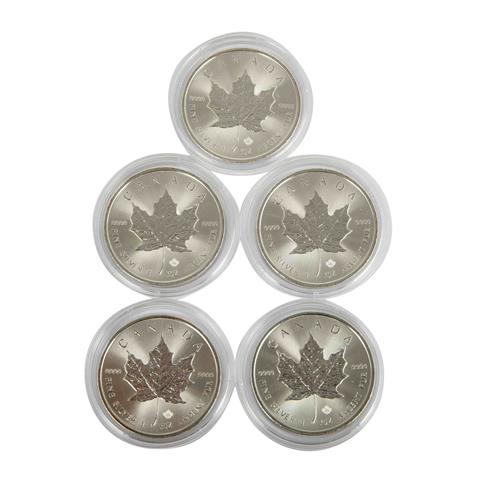 5 x Kanada/SILBER - 5 Dollars 2021, Maple Leaf, vz, Kratzer,