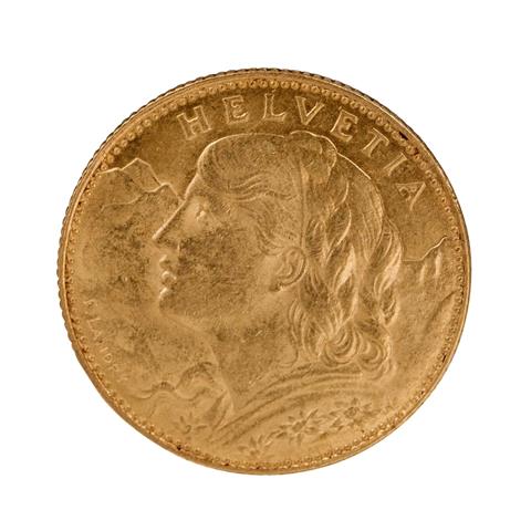 Schweiz/Gold - 10 Franken 1913/B, Vreneli, ss-vz, Kratzer,