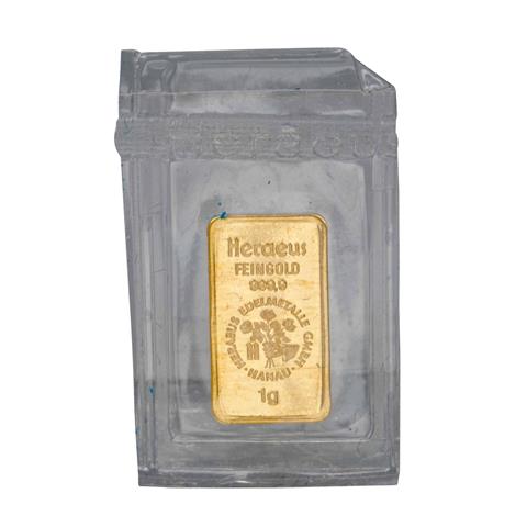 Goldbarren - 1 g GOLD fein, geprägter Goldbarren, Hersteller Heraeus,
