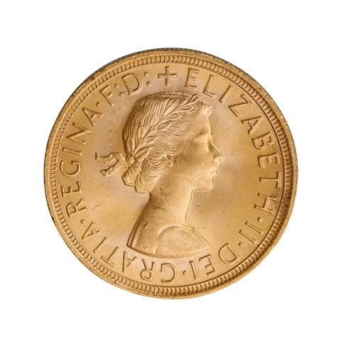 Großbritannien /GOLD - Elisabeth II mit Schleife, 1 Sovereign 1957,