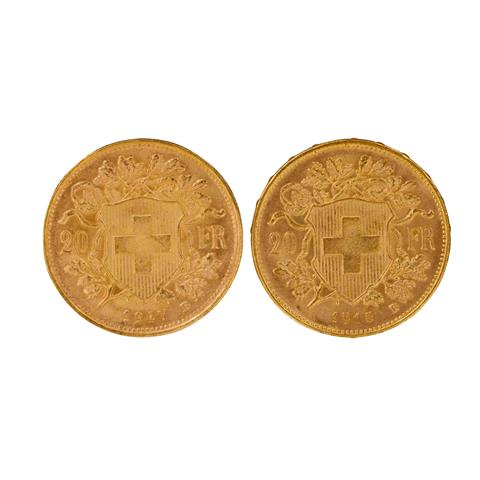 Schweiz - 2 x 20 Franken 1915/B, 1947/B, Vreneli, GOLD,