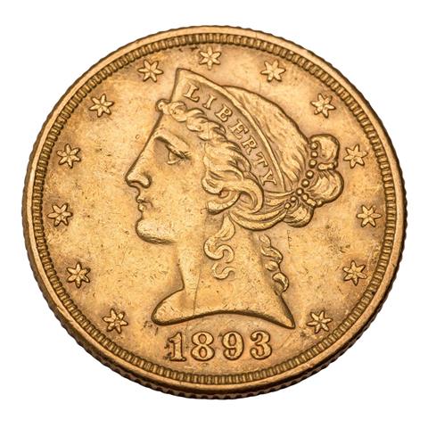 1 x USA/GOLD - 5 Dollars 1893, Half Eagle,