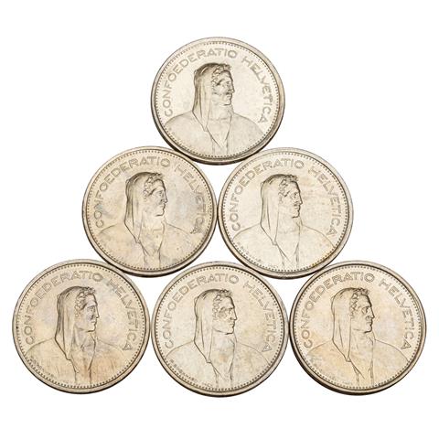 Schweiz - 6 x 5 Franken 1966/67, 1969 (2), SILBER,