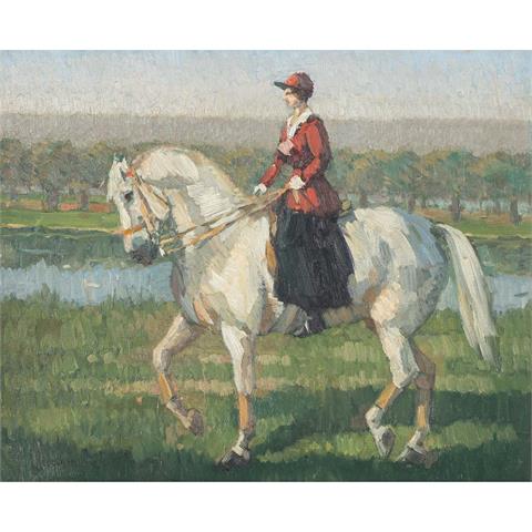 KERSCHENSTEINER, JOSEF (1864-1936) "Dame zu Pferd am Ufer eines Flusses"