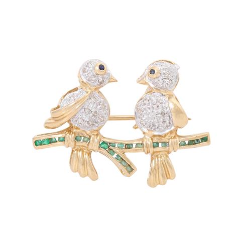 Brosche/Anhänger "Vogelpaar" mit Smaragden und Diamanten