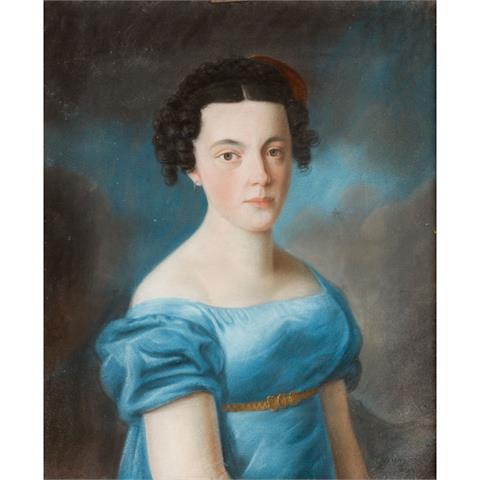 HERING (?, Künstler/in 1. Hälfte 19. Jh.), "Portrait einer jungen Dame in blauem Empirekleid",