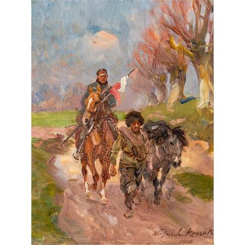 KOSSAK, WOJCIECH (Maler des 19./20. Jh.), "Soldat zu Pferd einen Kosaken abführend",