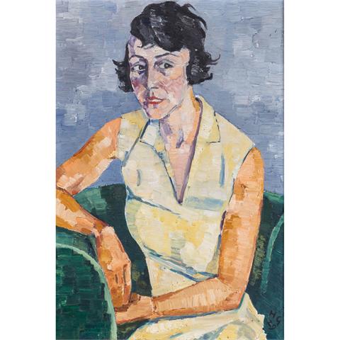 GASSEBNER, HANS (1902-1966) "Porträt einer Frau in einem grünen Sessel" 1929
