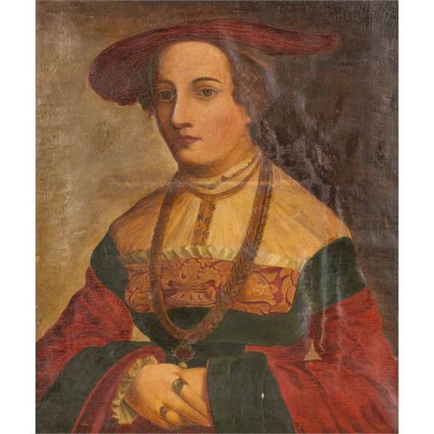 MALER/IN und Kopist/in 19. Jh., "Dame mit rotem Hut und Renaissancegewandt",